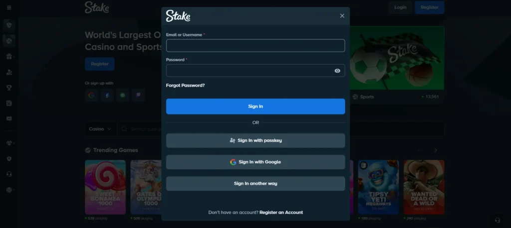 Page for Stake Login
